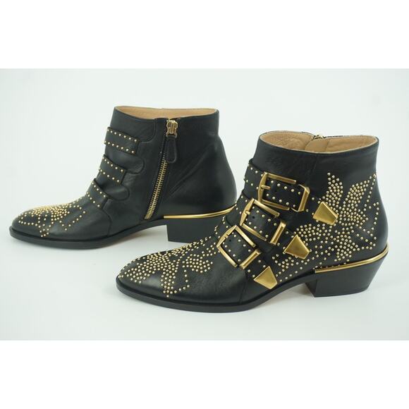 Chloe Suzanna Black Leather copper Studded Ankle Boot Size 35 $1380 Belted - Picture 9 of 11
